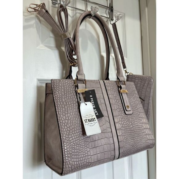 ST. BARRY - NWT 2-Piece Satchel & Wristlet/Stone Grey Croc-Embossed Faux Leather - Picture 5 of 16
